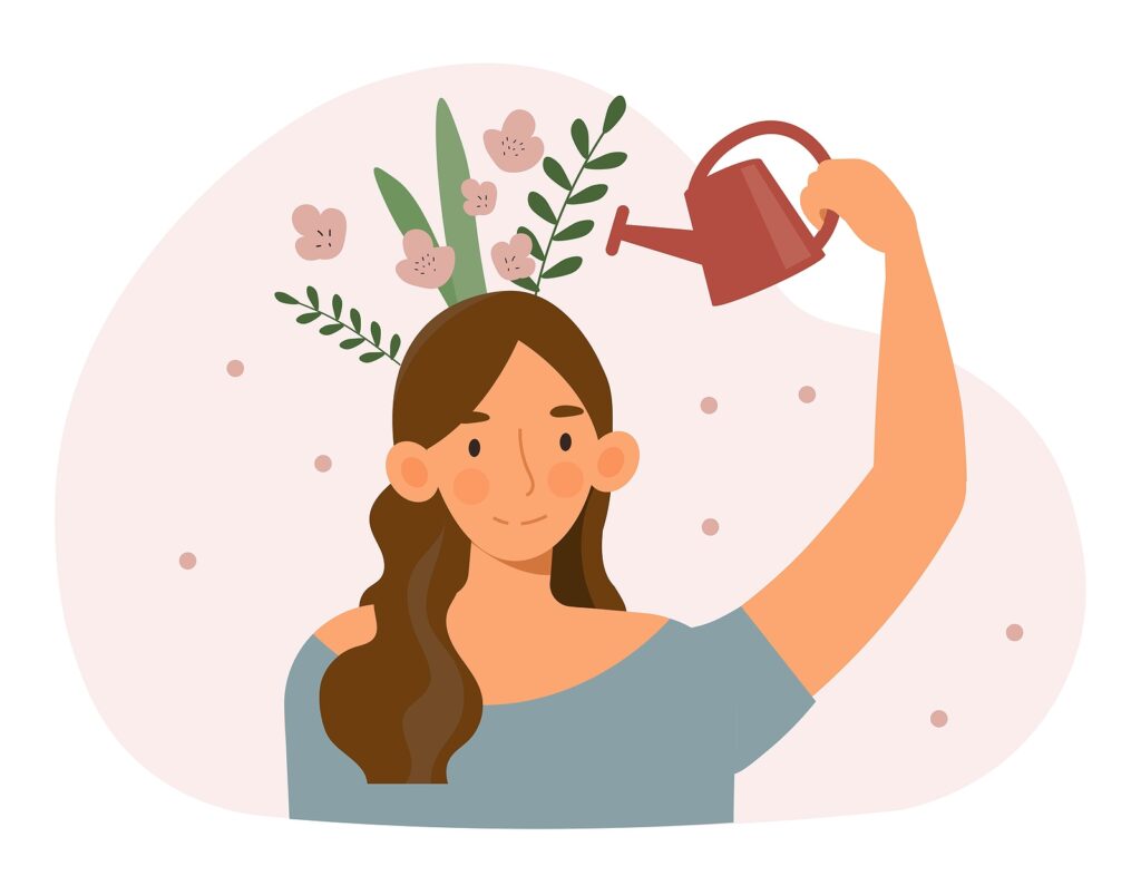 Woman watering flowers. Signifying that self care is beneficial to managing your teen's anxiety.