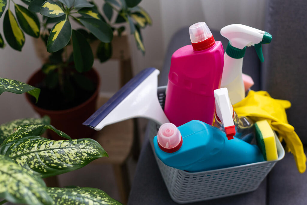A basket of cleaning supplies, gloves, & a sponge. Don't let OCD control your life. Discover more information about ERP therapy in American Fork, UT here.