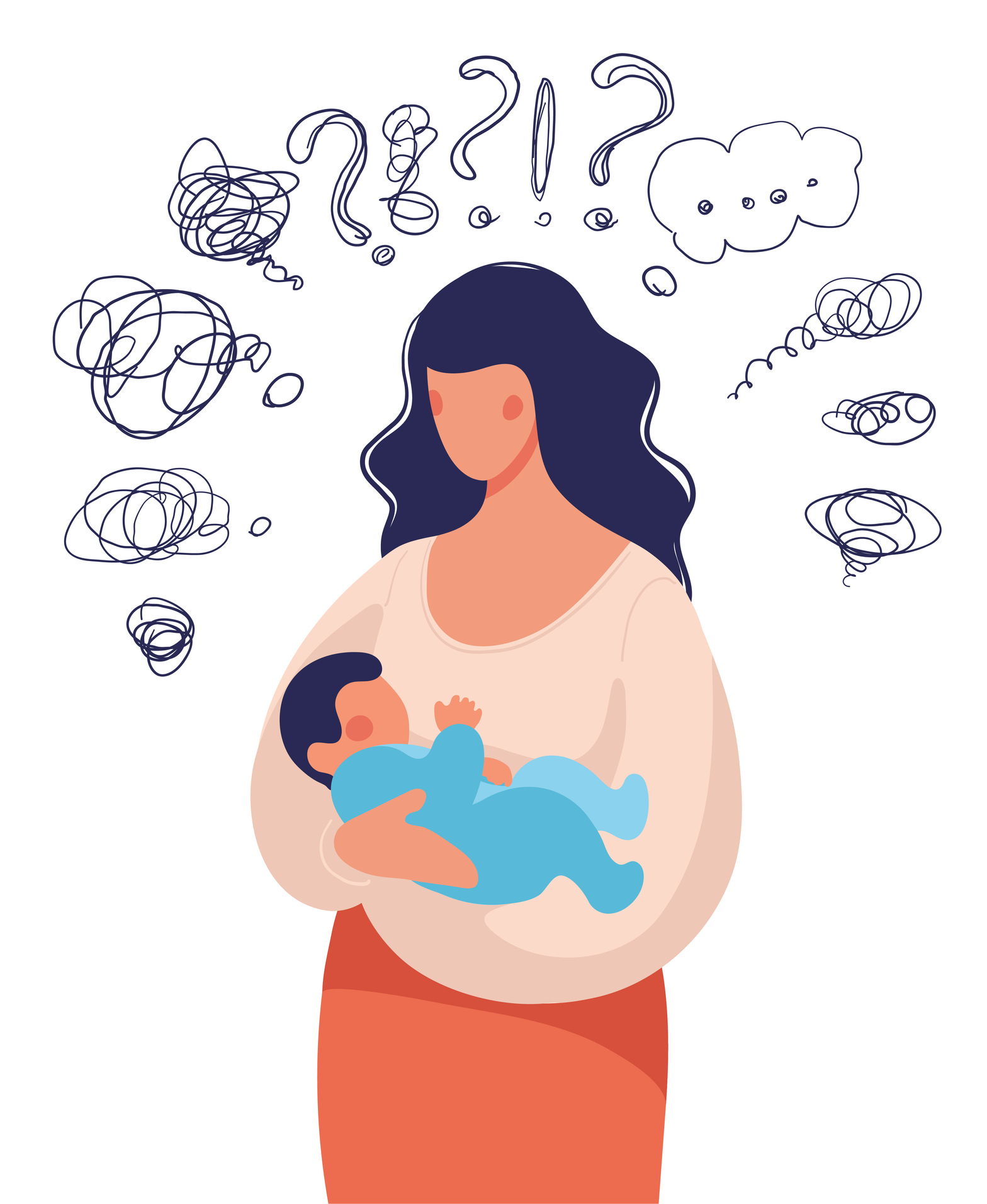 A woman with a child in her arms asks herself many questions. With postpartum OCD therapy, you can feel better. Contact us today to learn more about ERP therapy in American Fork, UT.
