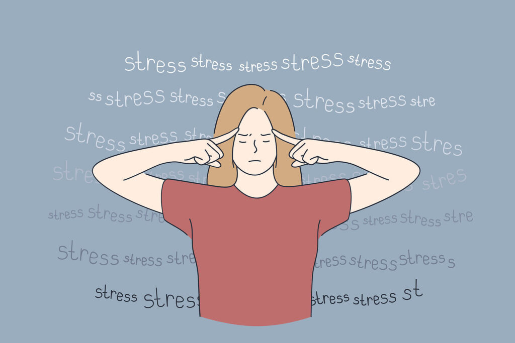 A graphic of a woman touching her fingers to her temples with the words stress surrounding her. This could represent the stress of GAD that anxiety treatment in American Fork, UT can help address. Learn tips on managing teenage anxiety in American Fork by searching for anxiety and depression therapists in American Fork today.
