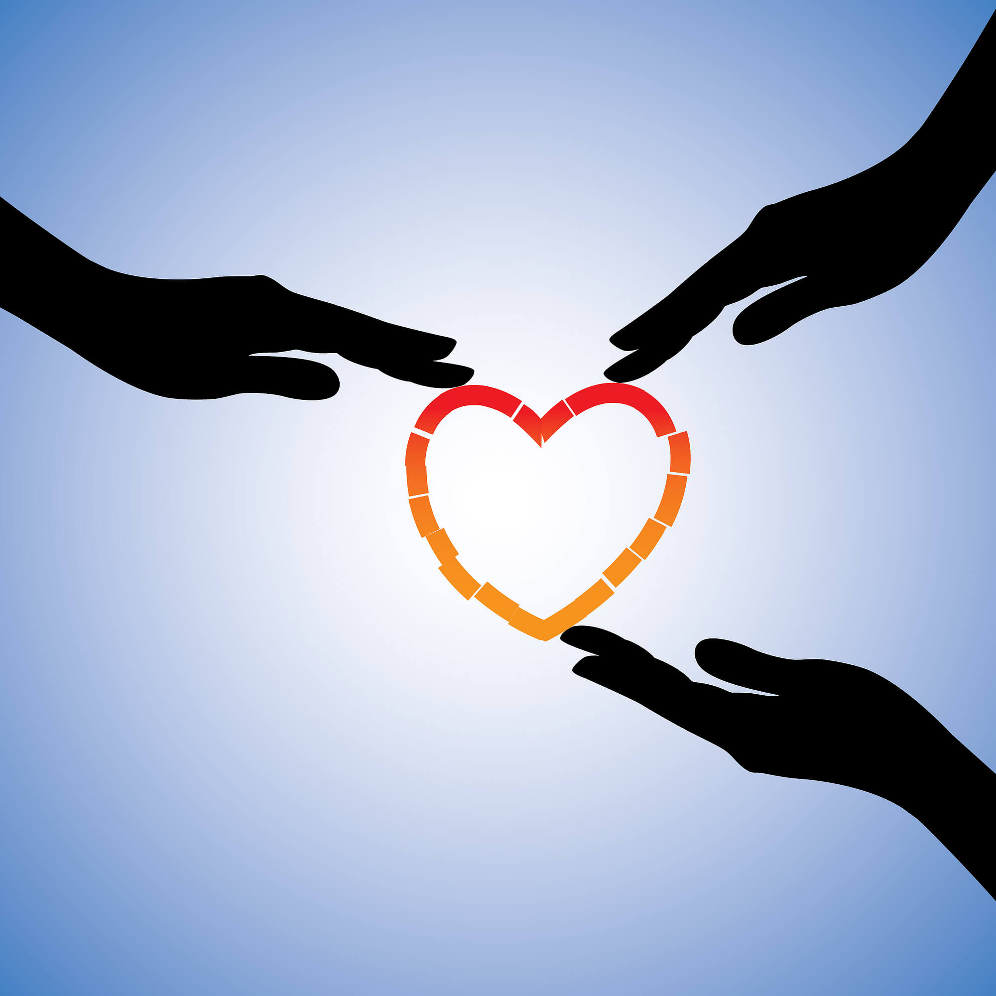 A digital illustration of a heart made of red and orange segments, surrounded by three black silhouetted hands reaching toward it against a soft blue gradient background, symbolizing healing. Learn more about how trauma treatment American Fork, UT can offer support by searching for a trauma therapist in American Fork, UT today.