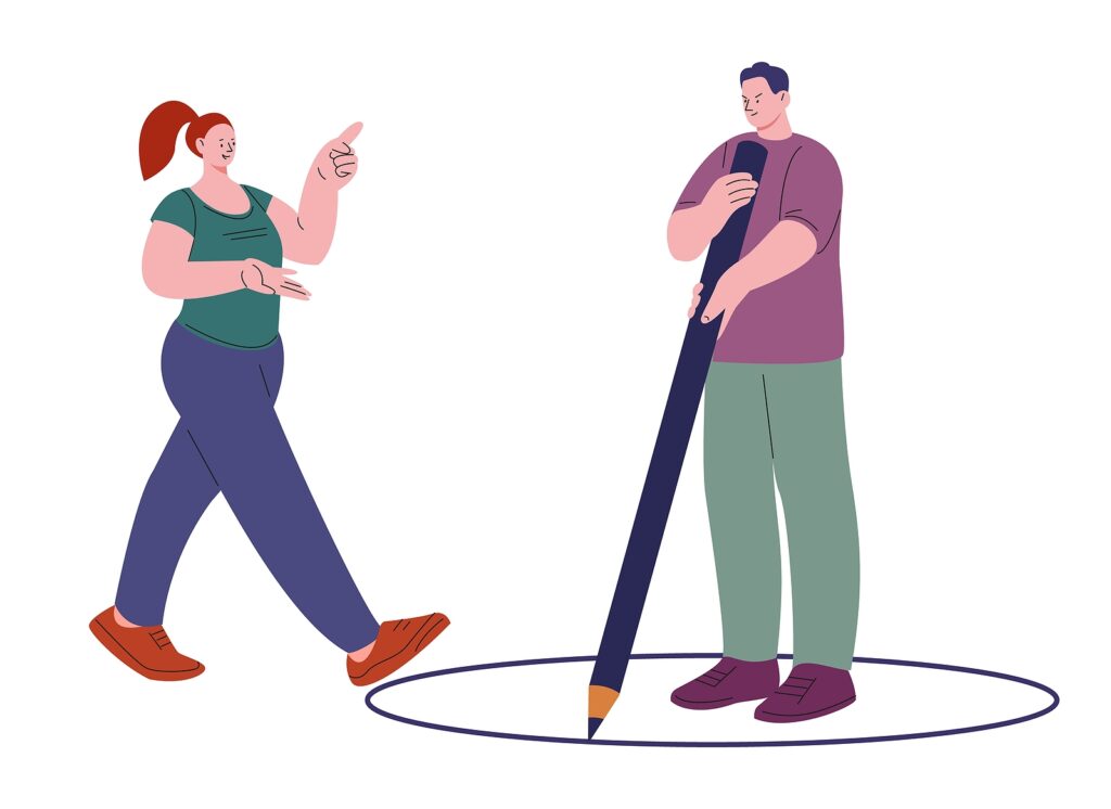 boundary | couples therapy in american fork, ut | therapist american fork | couples counseling in american fork, ut | Illustration of a person drawing a personal boundary with a giant pencil, representing themes often addressed in couples therapy in American Fork, UT, including attachment trauma and couples communication therapy.
